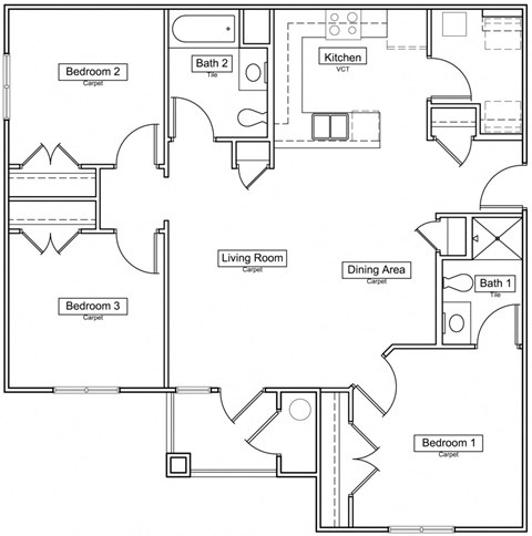 Floor plan for 3 beds, 2 baths, 1116 sqft